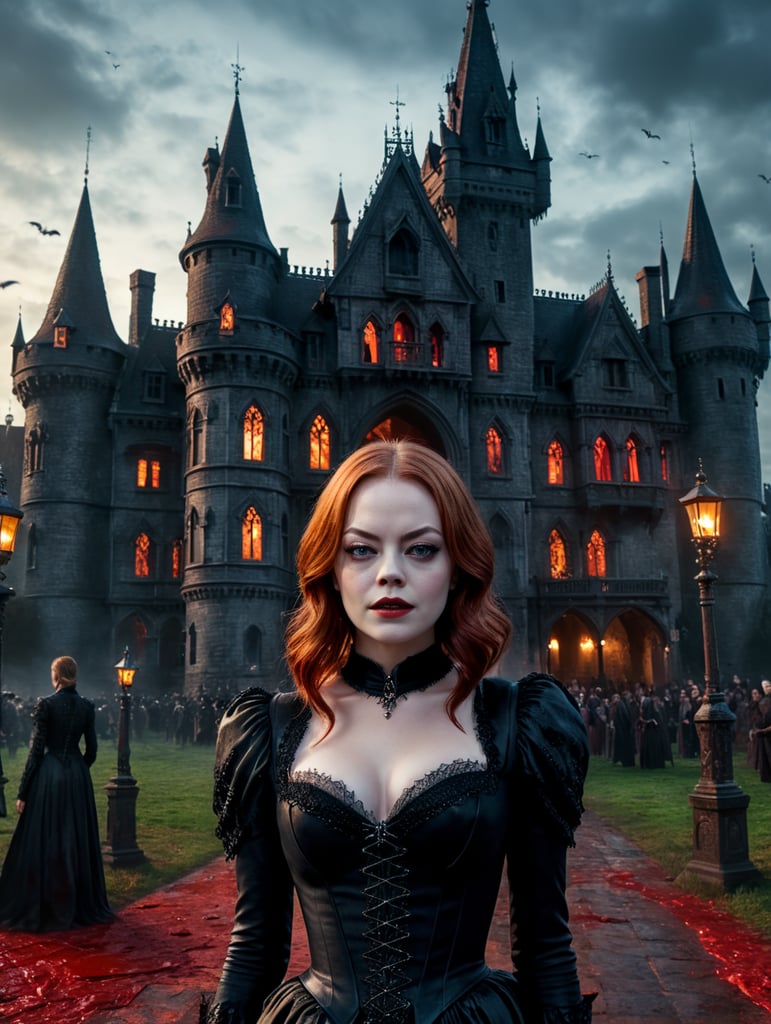 By Universal Pictures, chilling Halloween dusk, Emma Stone as a sinister, blood-soaked vampire countess, eerie gothic castle, surreal fright, Halloween charm, cinematic photography, action shoot, movement, epic, high definition