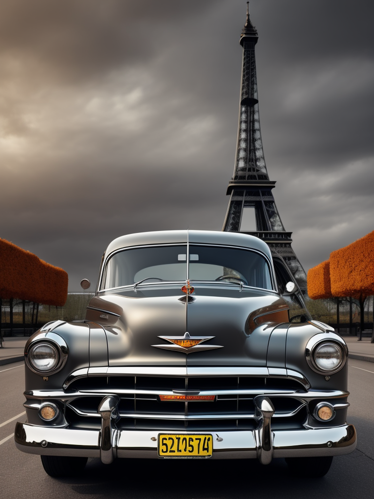 1952 Gray Chevrolet, with the Eiffel Tower in the background, surrealistic, landscape, muted tones