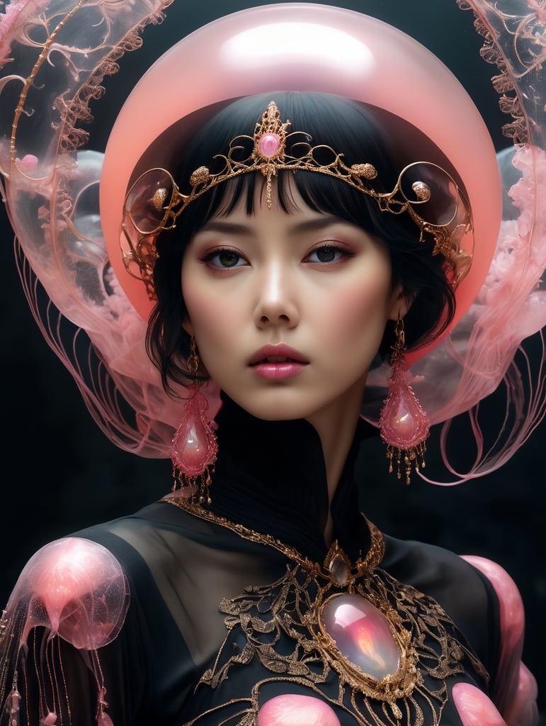 photo RAW, (Black and pink : a ghostly jellyfish, shiny aura, highly detailed, gold filigree, intricate motifs, organic tracery, by Android jones, Januz Miralles, Hikari Shimoda, glowing stardust by W. Zelmer, perfect composition, smooth, sharp focus, sparkling particles, lively coral reef background Realistic, realism, hd, 35mm photograph, 8k), masterpiece, award winning photography, natural light, perfect composition, high detail, hyper realistic