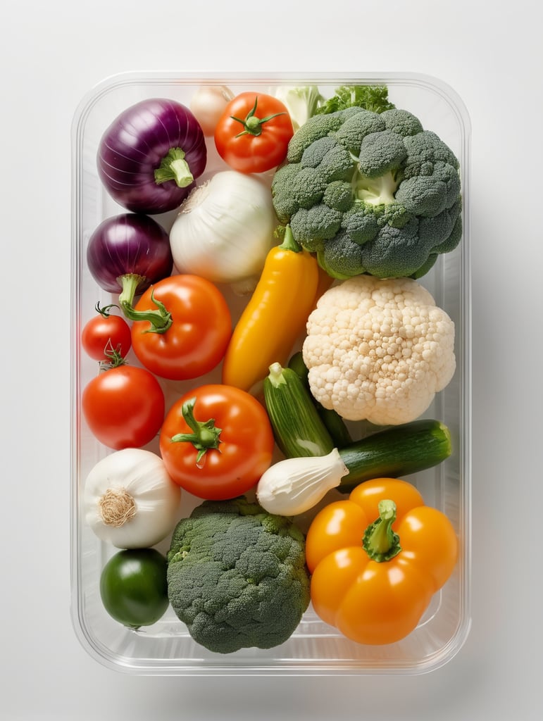 vegetables in a transparent plastic tray, top view, isolated, mockup