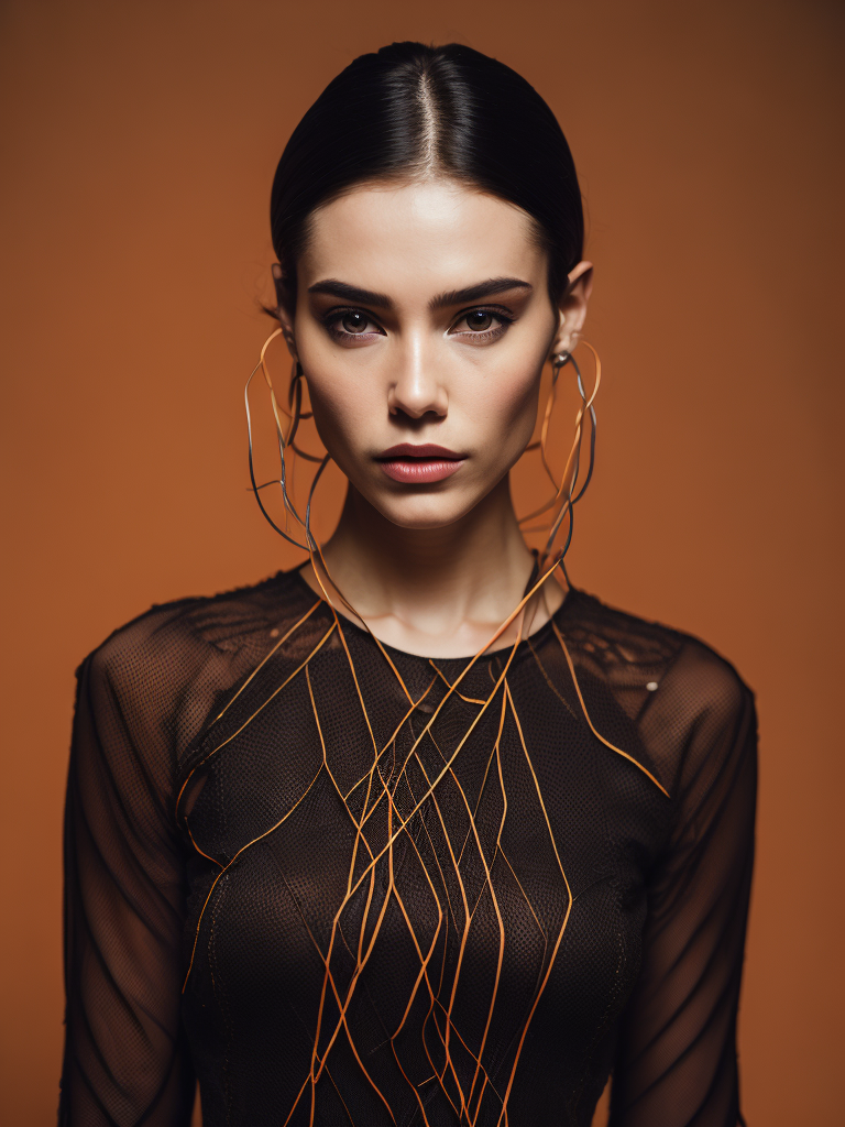 a fashion studio photo of a woman dressed in a black dress made of electrical wires, perfectly lit, solid orange background, Vivid saturated colors, Contrast color, studio photo, professional photo, Rich colors, Detailed image, detailed face