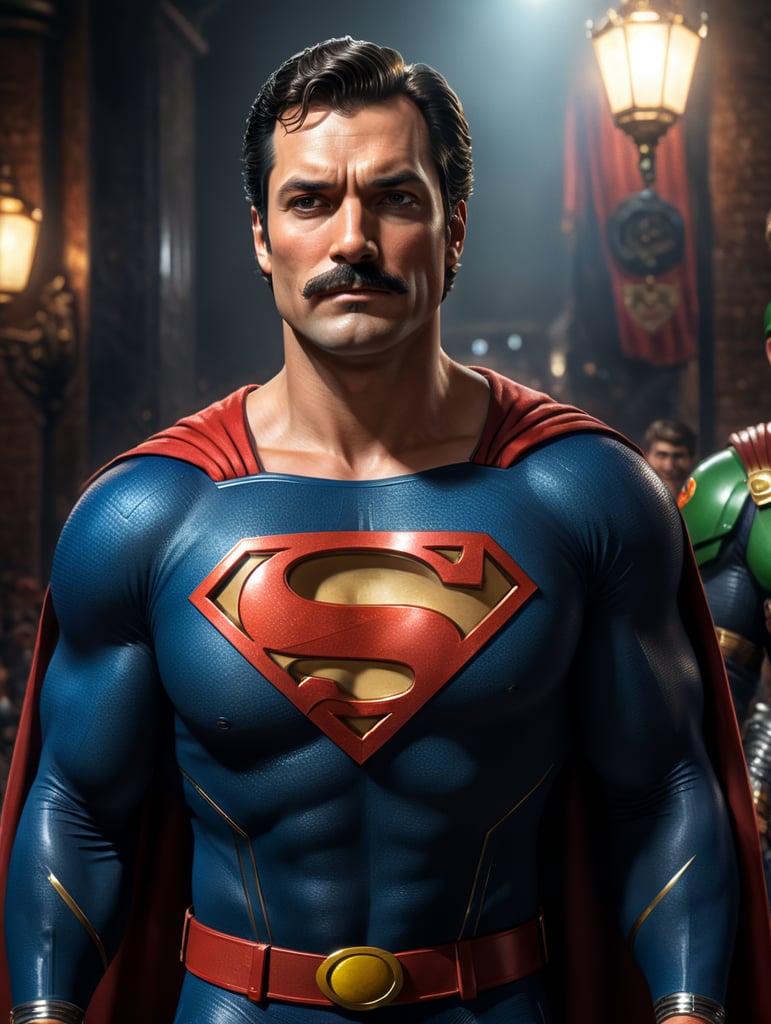 portrait, superman with Mario bros clothes and mustache