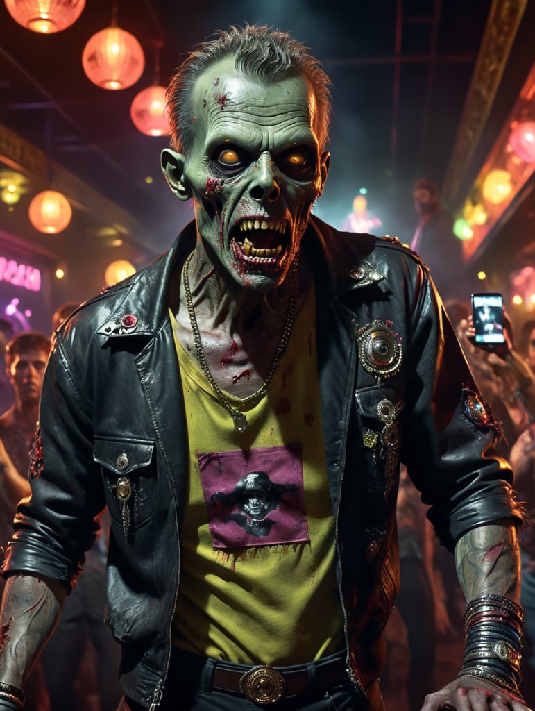 vintage movie cinematic still of a zombie wearing nightclub hip clothing, using an iPhone, in the style of 1990's party club flyers