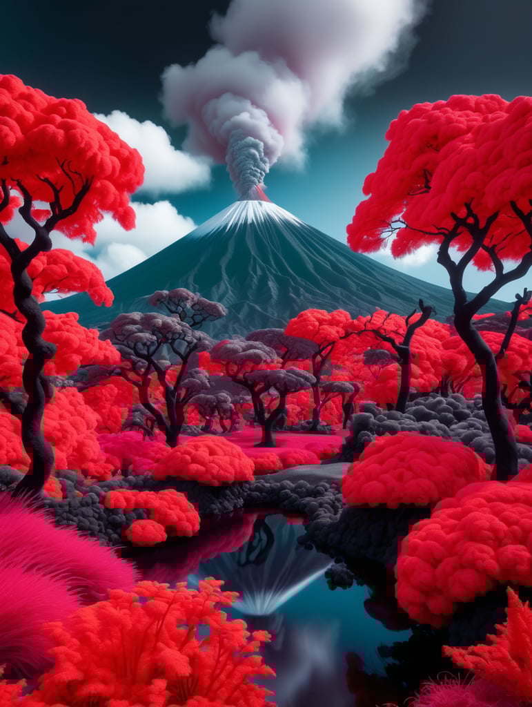 Landscape shot of volcano garden and trees, captured using infrared photography, 8k resolution image, smooth and polished. bold red and black colors