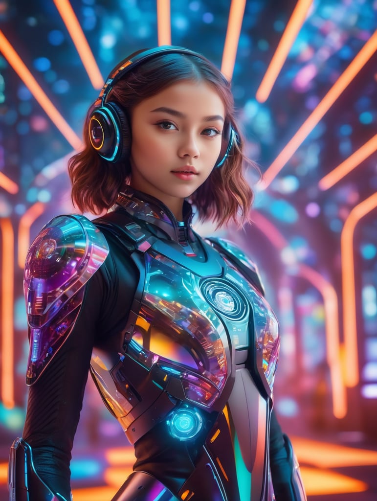 young 1girl, bestowed upon her by a futuristic computer, situated in a vibrant and kaleidoscopic environment, dof, sharpness outstanding color fidelity, vivid hues, girl in the center of the frame, surrounded by dynamic elements, floating holographic interfaces, neon light beams