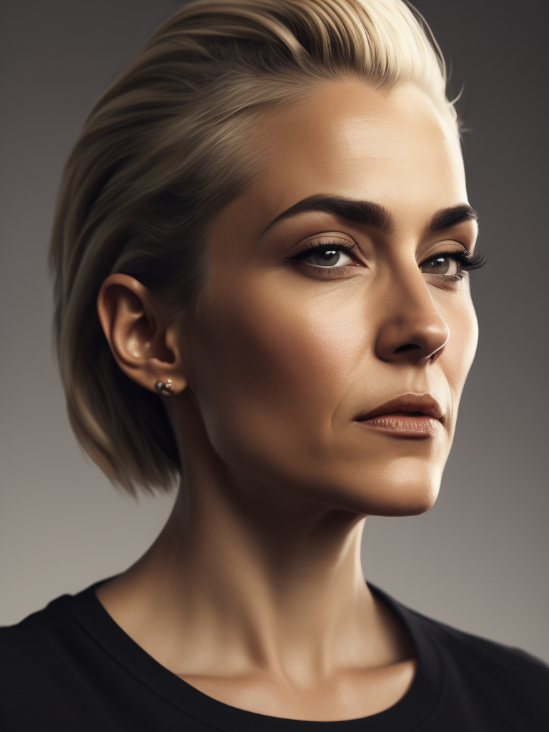 a 42 yo woman, blonde, (hi-top fade:1.3), dark theme, soothing tones, muted colors, high contrast, (natural skin texture, hyperrealism, soft light, sharp)