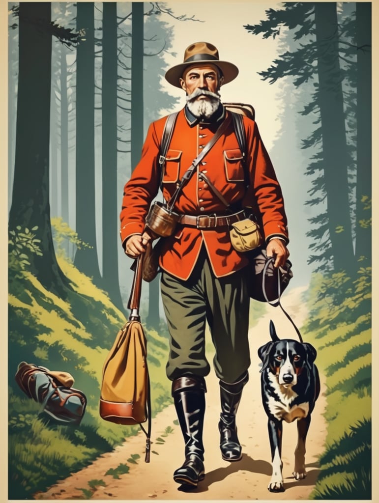 Retro poster an old Austrian hunter with a hunting dog walks along a forest path, dressed in traditional Austrian clothes, carrying a backpack with things, caught game in his belt