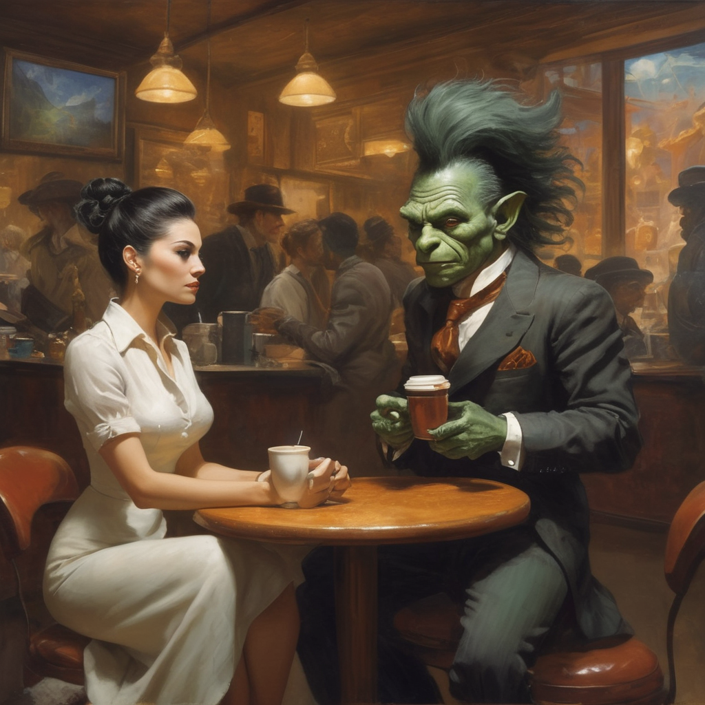 A troll and a woman have a coffee in an internet cafe. The woman is dressed smart casual. They are in an internet cafe. Frank Frazetta fantasy style art.