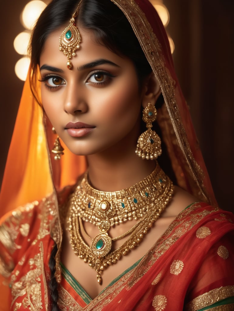Portrait of a young, beautiful girl from India in a folk Indian dress and jewelry, Bright expressive makeup, Dramatic Lighting, Depth of field, Incredibly high detailed, bollywood