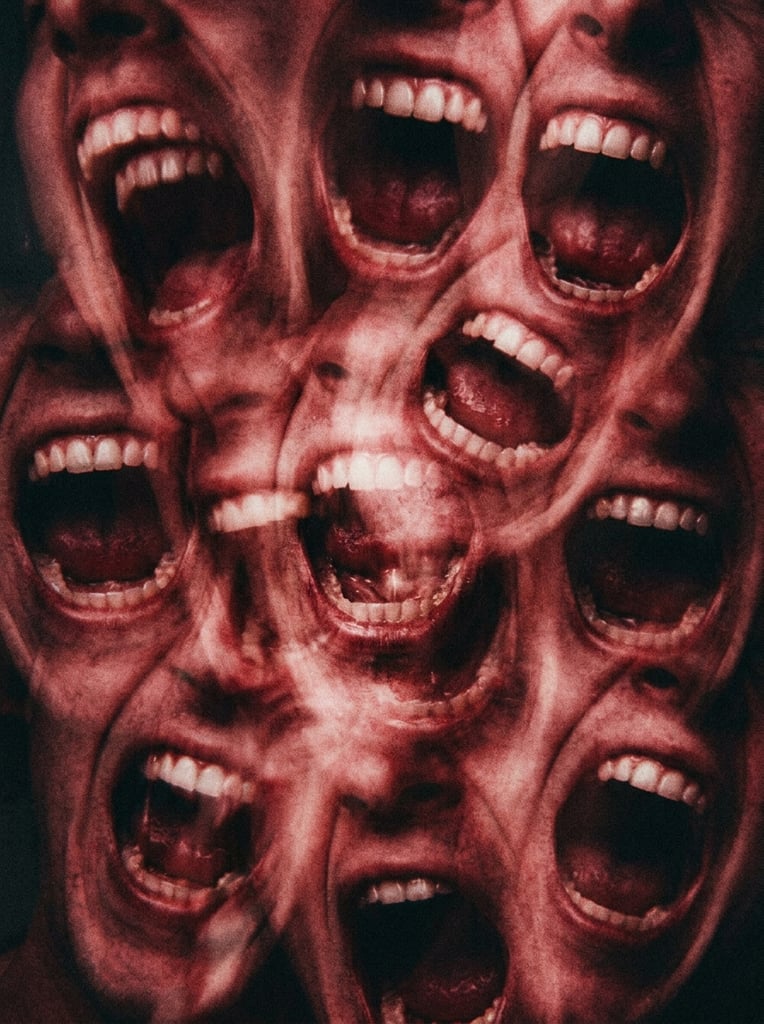 multiple overlapping exposures of screaming human mouths, wide open lips and teeth, chaotic motion blur, surreal abstract portrait, fleshy crimson tones, dark moody atmosphere, heavy film grain, high contrast