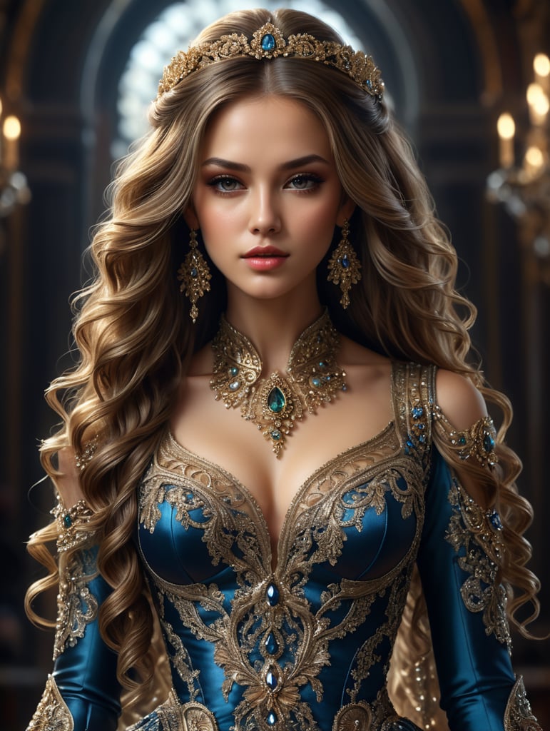 portrait of a realistic beautiful girl with an unusual long hairstyle and beautiful clothes from fashion designer Zuhair Murad 8k