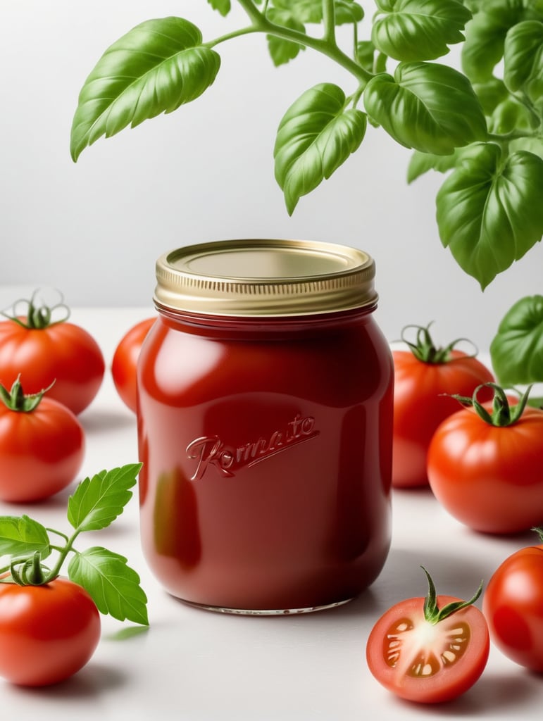 tomato ketchup jar, red tomato with green leaves, isolated, white background, mockup