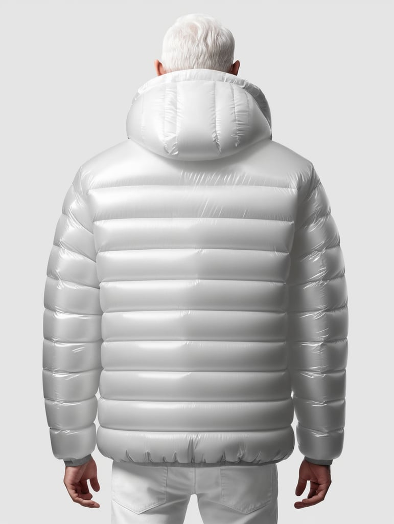 Inflatable white minimalist man's puffer jacket, back view, transparent, isolated, grey background, mockup