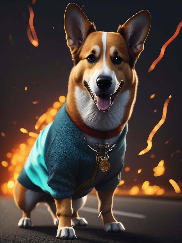 welsh corgi wearing a track suit