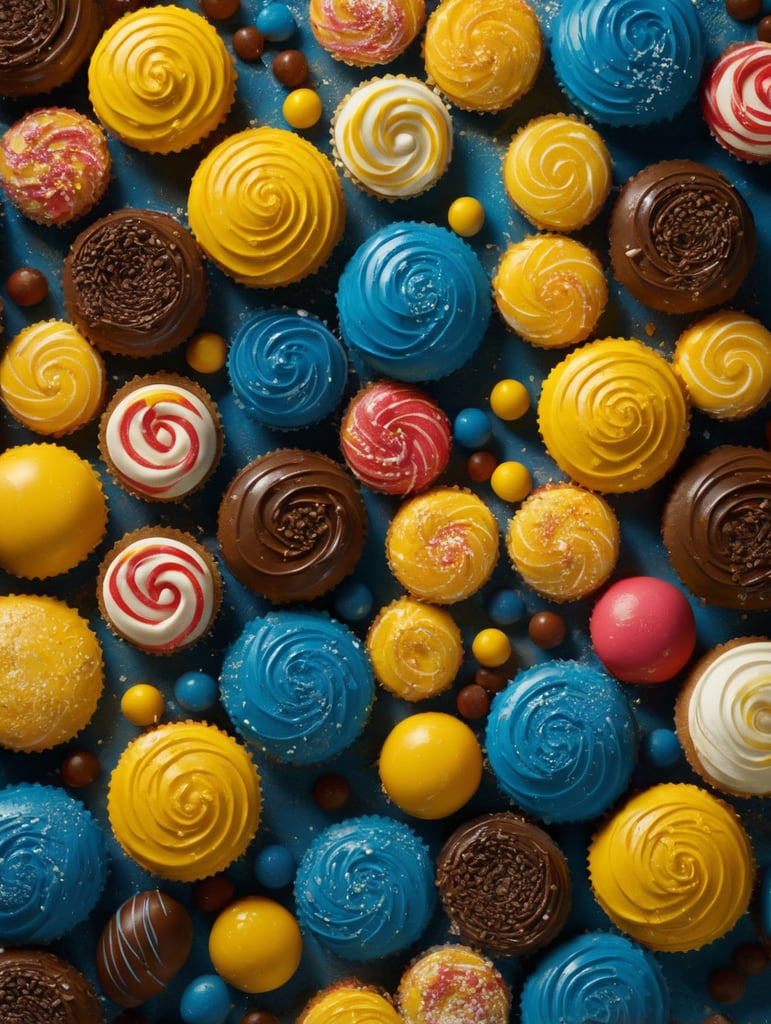 Generate abstract shapes inspired by piping tips, candy textures, and confectionery elements for the construction of a bakery's brand. Incorporate the vibrant palette of strong yellow and mid-tone blue. Avoid direct replication of existing words or elements in this prompt.