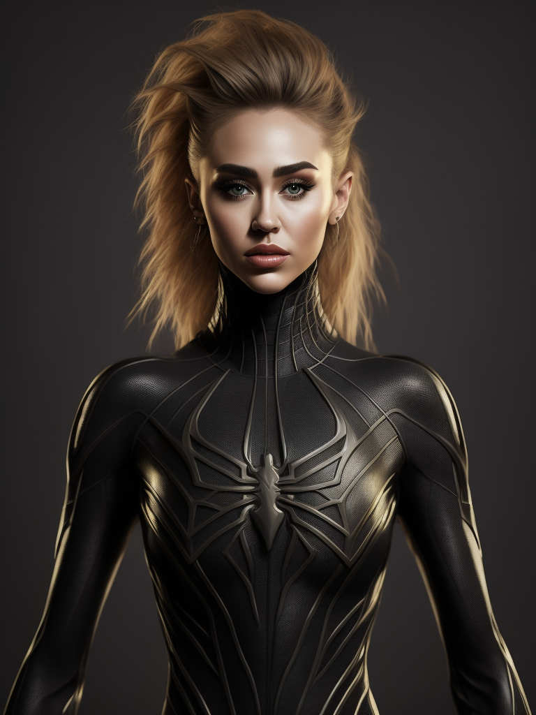 Miley Cyrus as symbiote spiderman, full body visable, her hair is short.