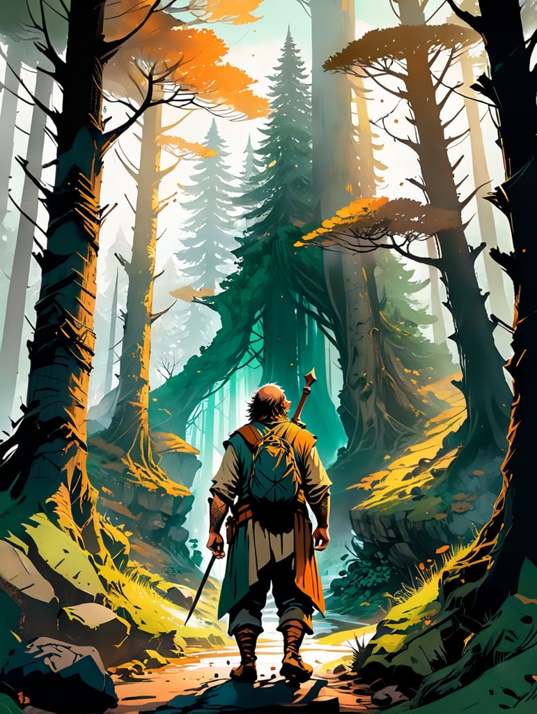 O hobbit feliz, ao lado dos seus amigos anões numa linda floresta com muita luz