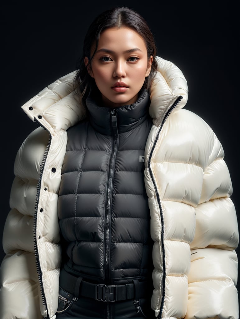 well lit fashion shoot portrait of extremely beautiful female wearing massively over size puffer jacket by craig green, dingyun zhang, yeezy, balenciaga, vetements, sharp focus, clear, detailed, , cinematic, detailed, off white, glamourous, symmetrical, vogue, editorial, fashion, magazine shoot, glossy