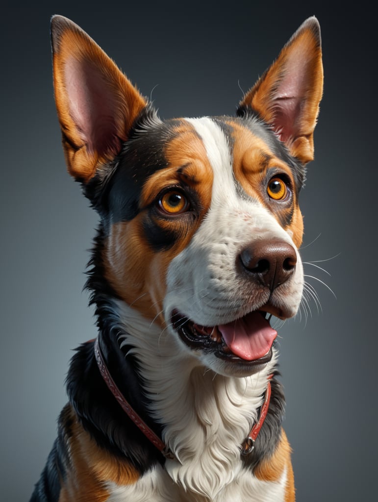 una version diferente de perro en estilo realista con un toque de 3d. amistoso en fonfo blanco y diferente especie, cute dog