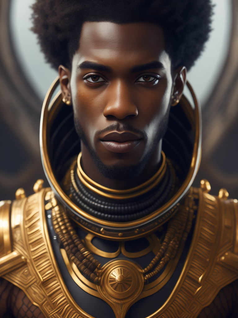 portrait of a male character, afro, with futuristic touches and that is an African god