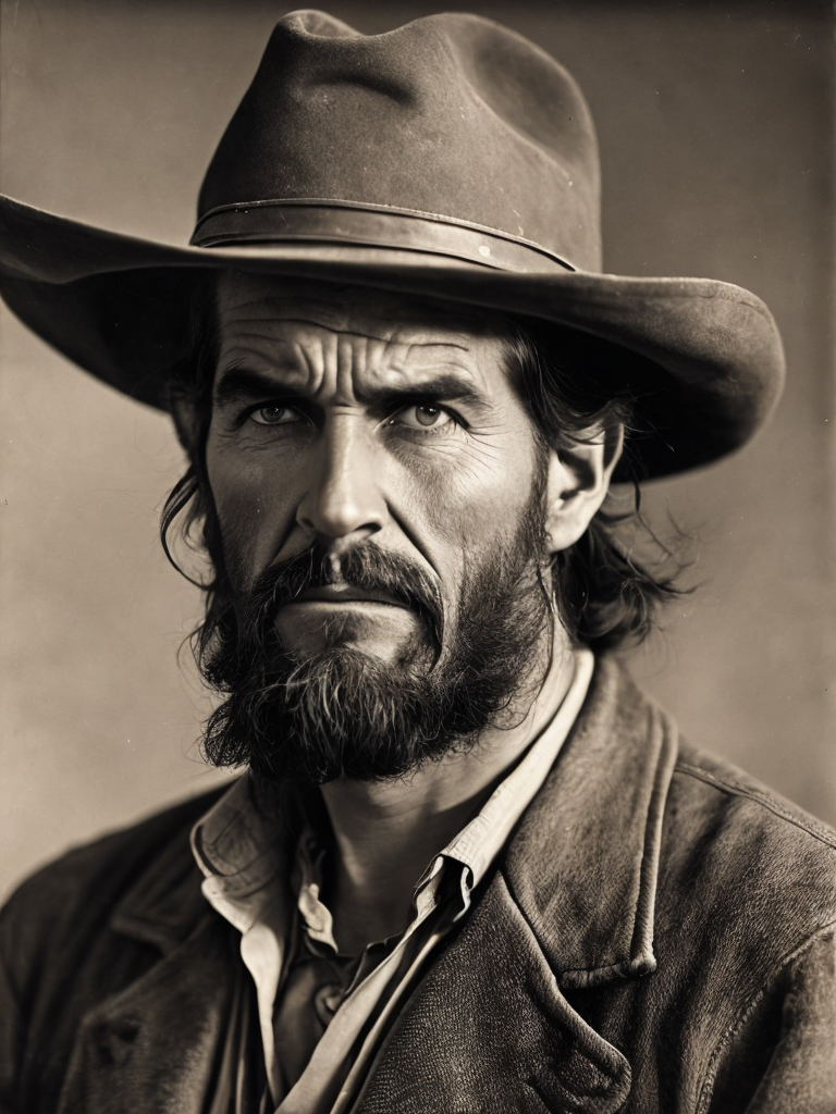 Vintage photo of a western bandit, portrait, vintage photo, cowboy hat, unshaven face, angry expression, very expressive appearance