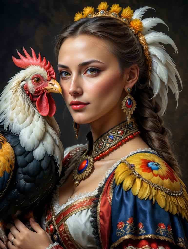 Portrait of a Beautiful women from Romanian fairytale wearing traditional costume hugging a Rooster