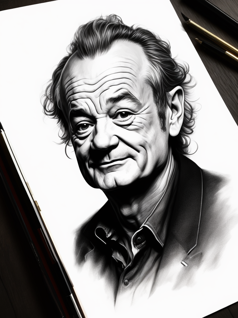 black and white, rough sketch of bill murray