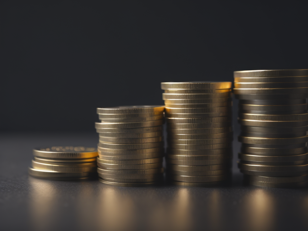 Financial investment concept banking and financial concept, Stack of golden coins on the dark table, dark theme, growing trading graph on the background