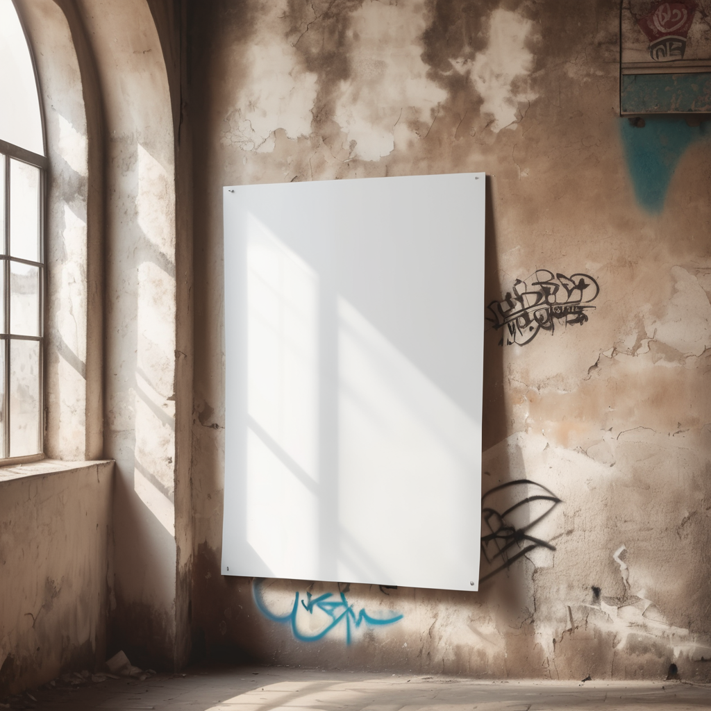 a white blank poster hangs on an old shabby wall with graffiti, the corner of the poster is bent, people are blurred, daylight, mockup, mock up
