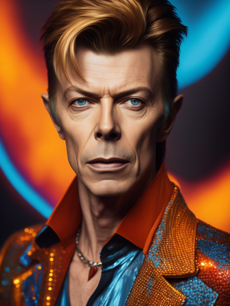 Portrait of David Bowie, bright and saturated colors, elegant, highly detailed, vogue, fashion magazine, sharp focus, Bright expressive makeup, Dramatic Lighting, Depth of field, Incredibly high detailed, blurred background
