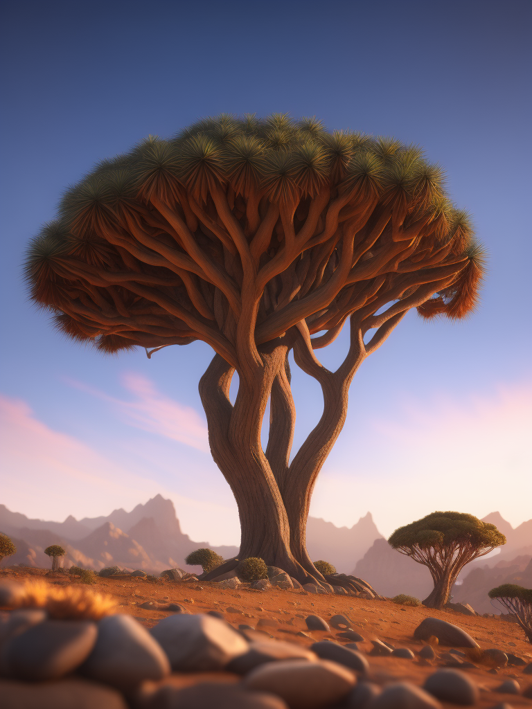 Dragon blood tree, savanna, sunset, Depth of field, Incredibly high detailed, stones, rocks, mountains on the horizon