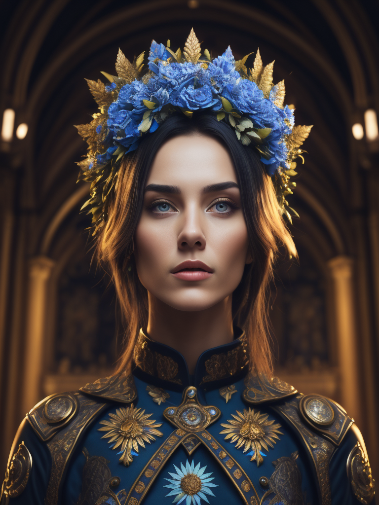 Portrait of a woman with a blue flowers crown, vogue, interior of a tall gothic cathedral, dramatic lighting, incredibly high detail, cyber punk, sun rays, saturated colors, symmetrical, crowd background, full depth of field, neon lights