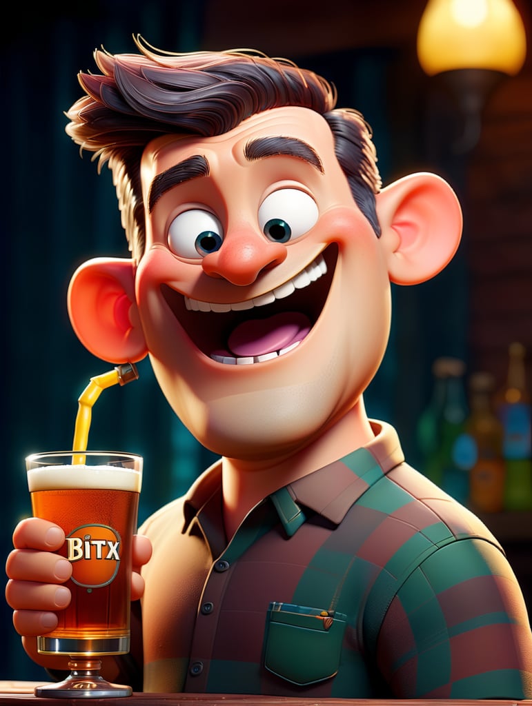 A hog smiling and holding a pint of bitter in a straight glass