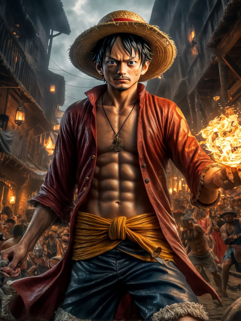 one piece luffy Netflix série, pirografia ultra realista com muitos detalhes