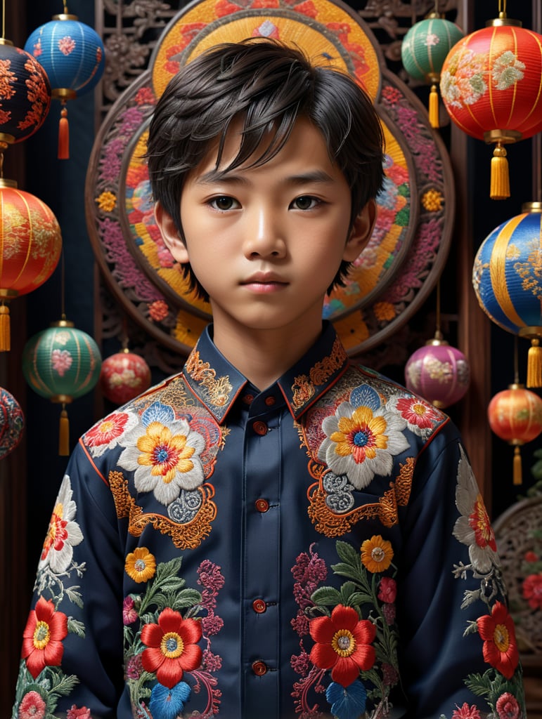 A young Japanese boy stands proudly in his traditional embroidered shirt, surrounded by vibrant colors and intricate patterns. The 8K Ultra HD resolution captures every detail of his outfit, from the delicate stitching to the rich textures. With the use of octane render, this 3D image comes to life in a stunning isometric view.