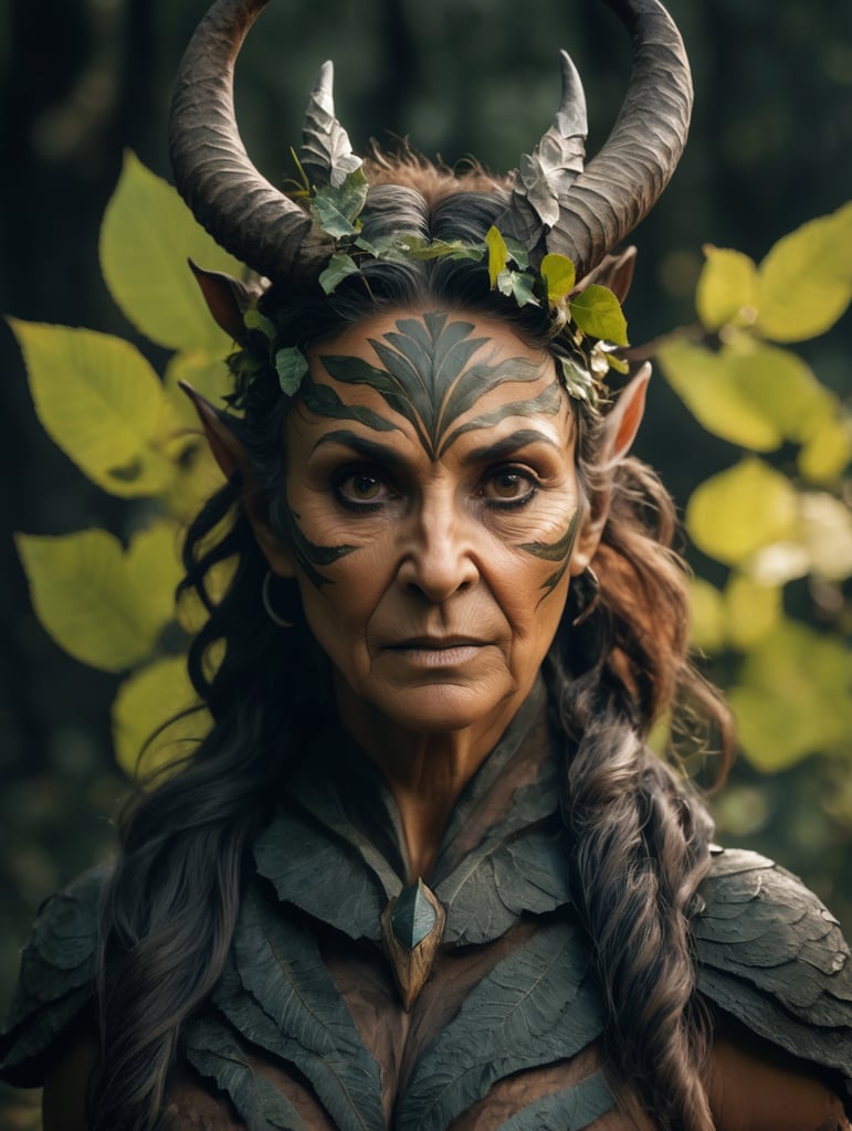 Ultrafine portrait of an old female faun, with a skin made of wood, looking at the camera, front view, with short and curve horns on her head, leaves on its hair, god of nature, sharp details,inspired by poison ivy from Batman,