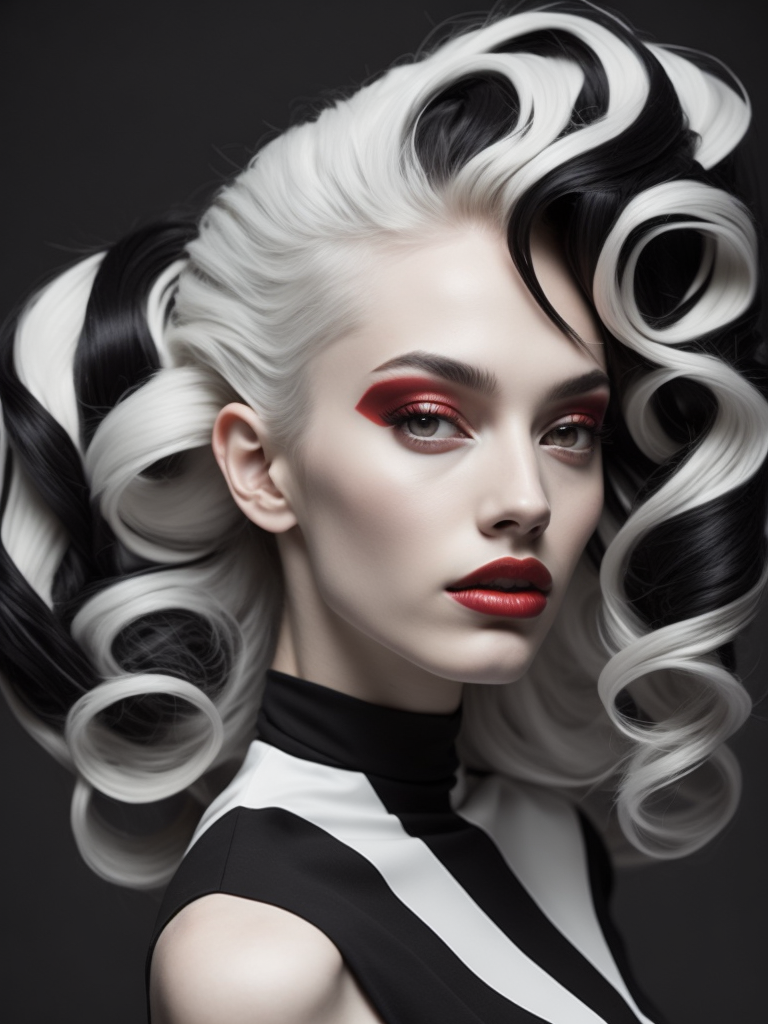 Pale-skinned girl model, wearing a black and white striped dress with a high collar, contrast lighting, Bright red make-up, Black and white curly long hair, dark background, fashion model, magazine cover, professional shot,