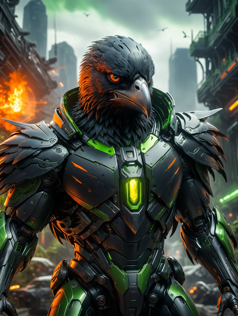 black cyber raven (tangerine,green,black,grey)anime raven a Sci-Fi environment action scene no blur, sharp focus,high definition, cinematic lighting, epic scene shot by Panasonic Leica DG Vario-Elmarit 8-18mm f 2.8-4 ASPH with Circular Polarizer filter