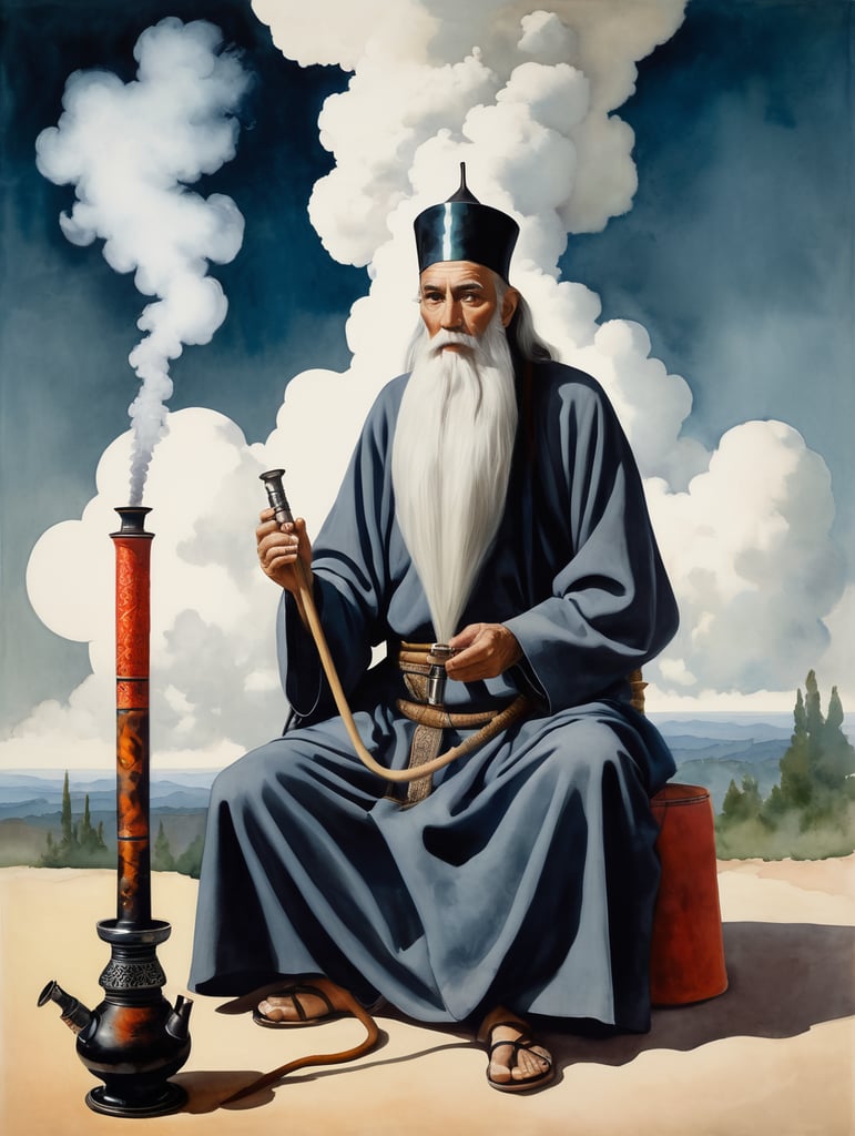 old wizard with a long beard sitting cross-legged, smoking a large hookah pipe with a huge cloud of smoke above him, 0Il lustration, Painting, Oil, Watercolor, Portrait, USA, style of Will Barnet