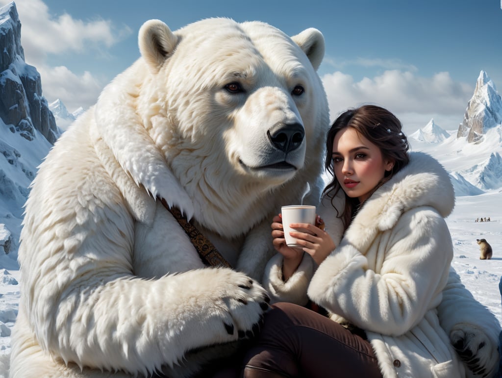 portrait of young woman with dark hair sitting drinking coffee from a cup, wearing a thick white fur coat, friendly polar bear sitting right next to her with his paw resting on her shoulder, polar location, ice and snow, cold environment, highly detailed