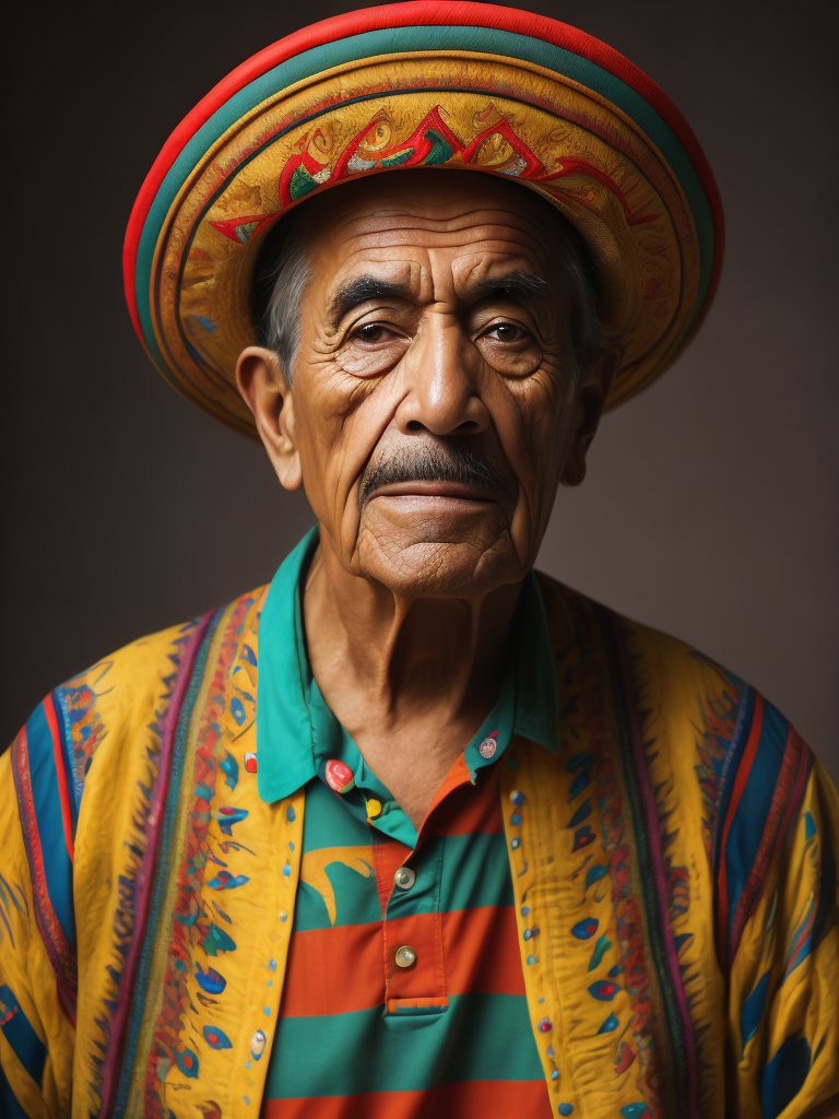Portrait of a wrinkled colorful Mexican in a sambrero, an healthy man, a multi-colored shirt, a criminal, a bad face