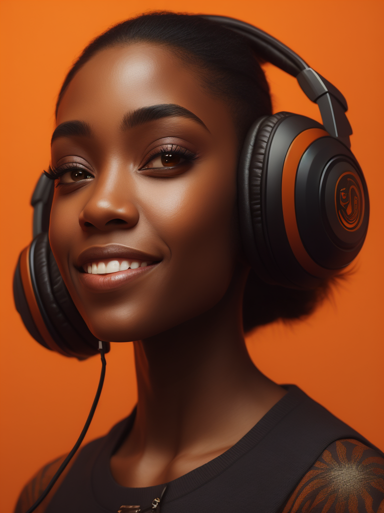 Pretty girl listening to music with calm sweet smile and big eyes with orange background