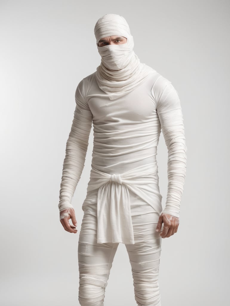 A photograph of man covered in bandages with realistic style, halloween costume, white background, full body, show hands, show neck and head