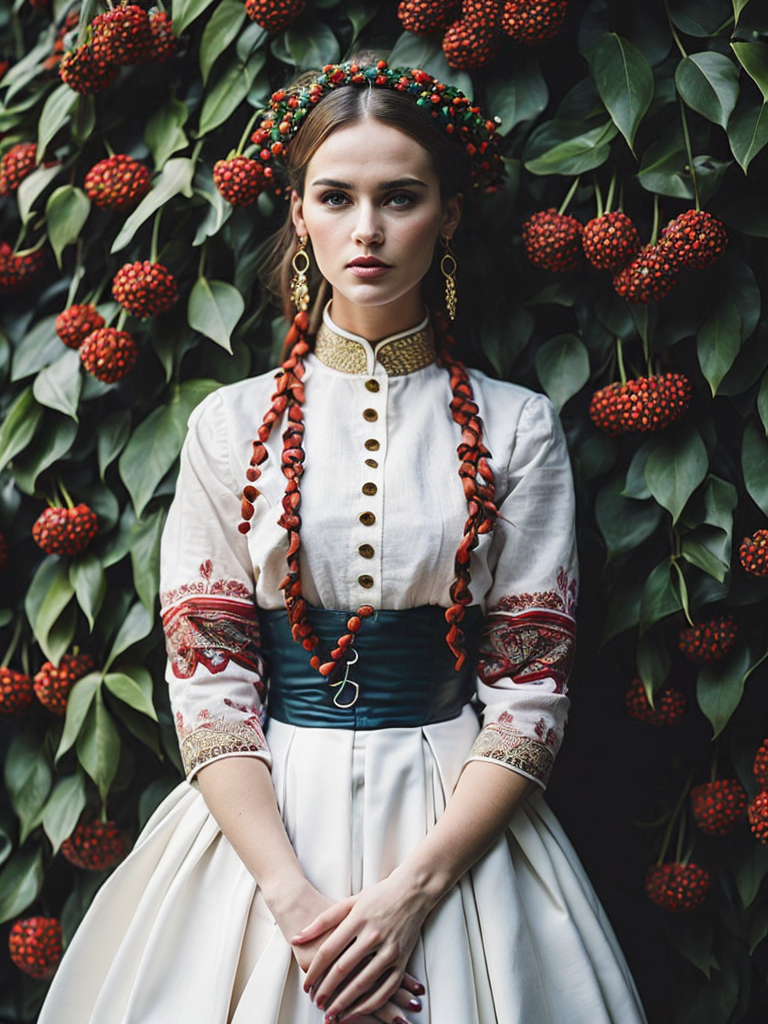 Portrait of a Beautiful women from Russian fairytale wearing traditional costume around bunches of rowan