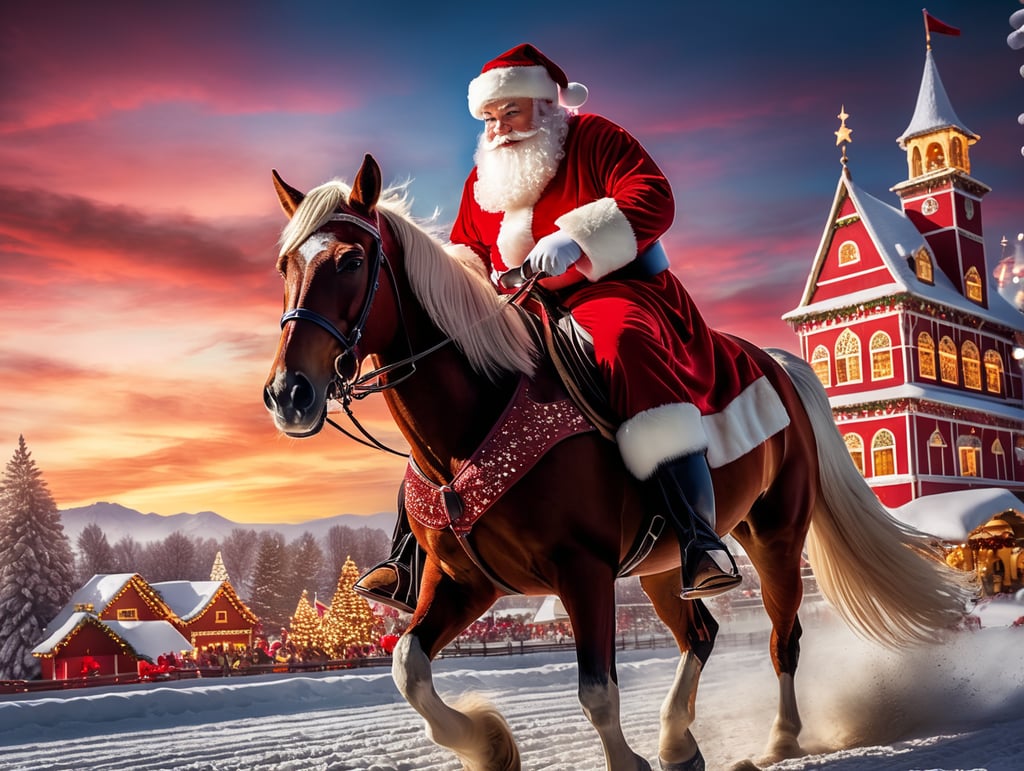 Santa Claus Riding On Horse, Red Outfit, Saturated Colors, 4k Ultra detailed, Ultra wide