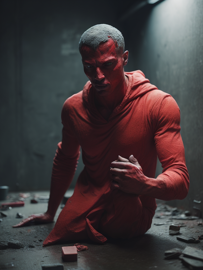 Red plastic statue of a man melting into the concrete concrete room dark and moody