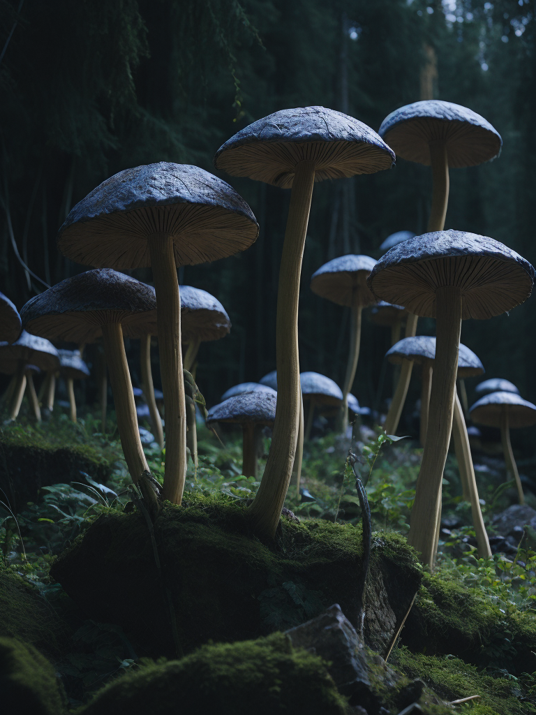 fluorescent mushrooms, psychedelic night, abstract, darkness