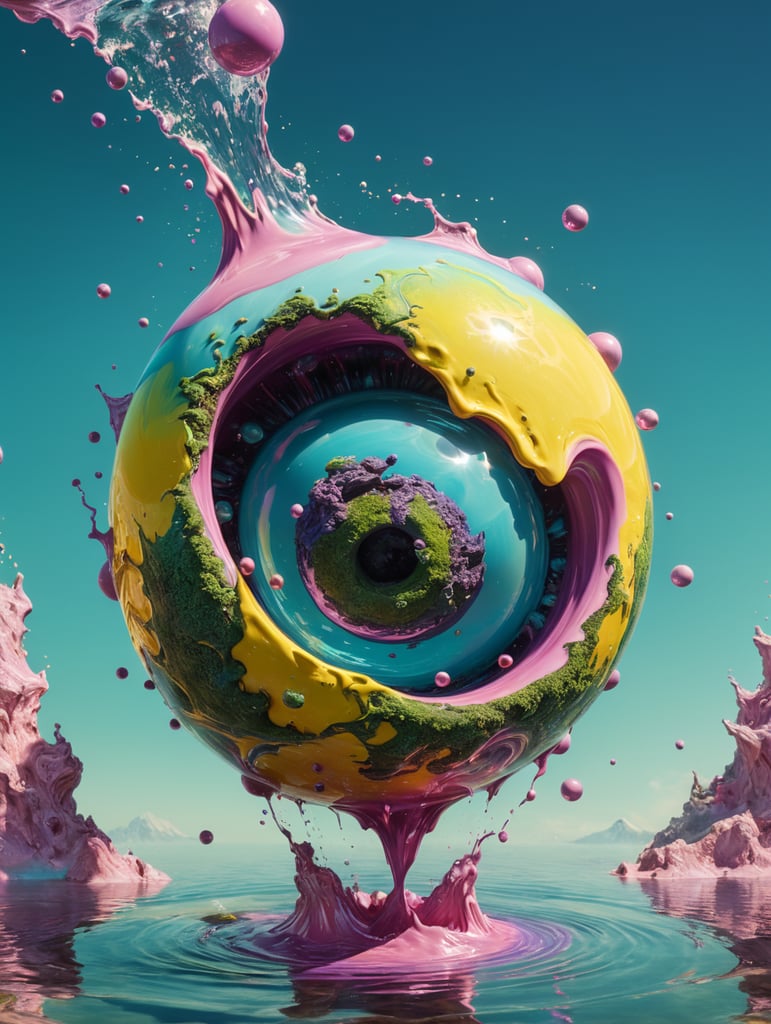 a singular object, floating in mid air, trippy, looks like a ball of liquid porcelain, trap, otherworldly, nature, photorealism, y2k, rave, plain light blue colour background, light green, pinks, purple, yellow