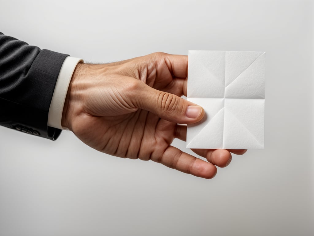 a hand holding a square piece of paper between thumb and index finger. White background