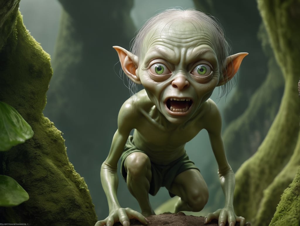 Green Gollum Sméagol by Tiago Hoisel with beauty queen, Scary background, Depth of field, Incredibly high detail